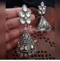 Eye-catching long jhumka , 4cm long  High-quality silver finish  Beautiful drops  Please check out our other listings https://www.etsy.com/shop/araethnic Silver Metal Earrings With Meenakari, Silver Meenakari Earrings, Silver Metal Jhumkas For Party, Silver Dual-tone Bohemian Jhumkas, Silver Bohemian Dual-tone Jhumkas, Bohemian Silver Dual-tone Jhumkas, Silver Metal Jhumkas With Latkans, Silver Kundan Jhumkas With Intricate Design, Silver Kundan Danglers For Festivals