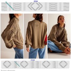 three pictures of women's sweaters in different styles and sizes, with text describing how to knit them