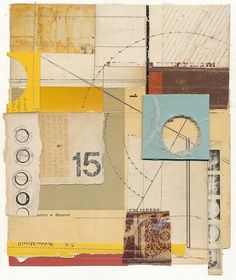 an abstract collage with various shapes and sizes, including circles, lines, and rectangles