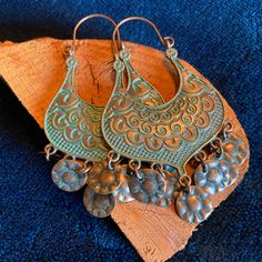 New! Dangle Earrings Alloy Teal Blue Metal Earrings With Latkans, Gold Earrings With Latkans For Summer, Bohemian Blue Danglers, Blue Brass Earrings For Festivals, Blue Brass Earrings For Festival, Blue Bohemian Metal Hoop Earrings, Blue Metal Earrings For Festivals, Vintage Blue Earrings For Festival, Gold Bohemian Teardrop Earrings For Summer