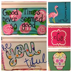 four different signs with flowers and flamingos on them that say good times, never seemed so good