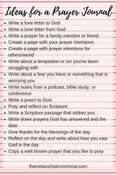 a pink lined paper with the words ideas for prayer journal written on it