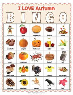 i love autumn bingo game with pictures of pumpkins, apples, and other fruits