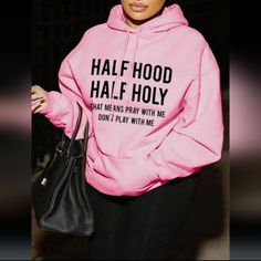 Funny Hoodie Pink Crew Neck Outerwear With Letter Print, Casual Pink Winter Sweatshirt, Pink Hooded Outerwear With Letter Print, Pink Letter Print Winter Outerwear, Pink Winter Hoodie, Trendy Pink Sweatshirt For Winter, Pink Hooded Sweatshirt For Winter, Winter Pink Hoodie With Double-lined Hood, Trendy Pink Winter Sweatshirt