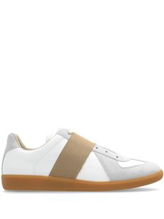 white/light grey/beige calf leather smooth grain contrasting trim suede trim logo patch at the tongue signature single-stitch logo round toe elasticated band slip-on style branded insole contrasting rubber sole Replica Sneakers, Maison Margiela Replica, Margiela Sneakers, Margiela Replica, Balenciaga Speed, The Seventies, Grey Beige, Crossbody Tote Bag, Nike Air Max 97