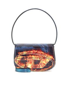 Shoulder Bag from Diesel Composition: ->polyurethane, 100% | Diesel Women's Shoulder Bag in Black/Orange | SS24 Diesel 1dr, Fire Pattern, Diesel Bag, Sky Pattern, Embossed Metal, Cloth Belt, Metallic Bag, Orange Bag, Crossbody Tote