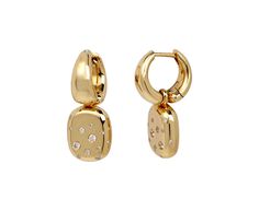 With their modern movement and subtle sparkle, these Kloto earrings are unlike anything in your collection. The polished, tapered 18K yellow gold hoops sit right under the ear and attach to 18K yellow gold latch backs. A rectangular, polished 18K yellow gold drop is covered in a surface of tiny diamonds and dangles below for a hint of unexpected movement. total length : 1"18K yellow gold hoop width : 3mm to 5.5mm18K yellow gold and diamond drops : 1/2" x 3/8"diamonds : vary : 1mm diameter to 2mm Modern Gold Huggie Diamond Earrings, Modern Yellow Gold Diamond Earrings Tarnish Resistant, Polished Yellow Gold Diamond Drop Earrings, Modern Yellow Gold Single Stud Earring, Luxury 14k Gold Rectangular Earrings, Modern Yellow Gold Huggie Diamond Earrings, Yellow Gold Plated Rectangular Earrings, Gold Huggie Diamond Earrings For Everyday Luxury, Rectangular Yellow Gold-plated Earrings