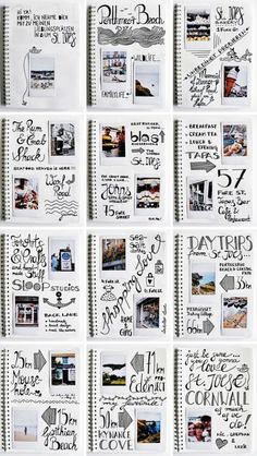 several notebooks with writing on them are arranged in a grid pattern, each containing different pictures