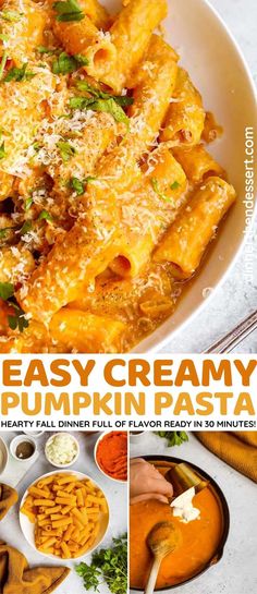 an easy creamy pumpkin pasta recipe is shown