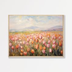 an oil painting of pink tulips in a field