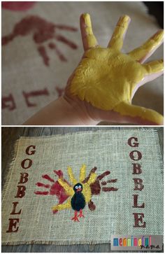 handprints made to look like people's hands and the words gobble painted on them