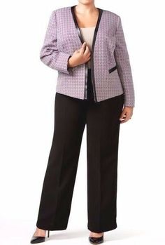 Tahari women's career suit  size: 16 color:  Black, plum tweed open front jacket with single hook & eye close straight front modern fit slacks  retail:$280 Underarm to Underarm 23" Waist  37" Rise 12" Length 32" R726 Purple Suits For Fall Workwear, Purple Suits For Workwear In Fall, Fitted Slacks, Black Plum, Open Front Jacket, Career Woman, Suit Separates, Hook Eye, Modern Fit