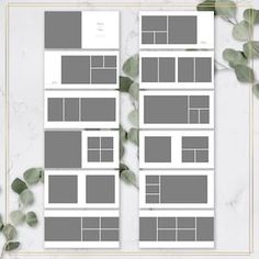 a white and gray photo collager with eucalyptus leaves