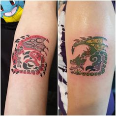 two tattoos on the arms of people with different designs and colors, one has a dragon