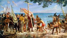 an image of a painting of people standing on the beach with flags and other items