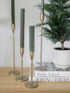 three candles are sitting on a table next to some books and a potted plant