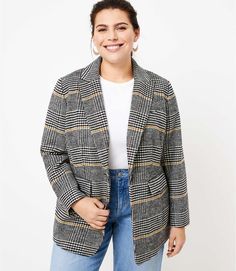 LOFT Plus Plaid Modern Blazer | LOFT Modern Blazer, Loft Fashion, Fitted Blazer Jacket, Asymmetric Jacket, Single Button Blazer, Houndstooth Blazer, Gray Plaid, Striped Blazer, Long Sleeve Blazers