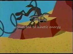 an animated scene with the words convert to kinetic energy in front of a cartoon character