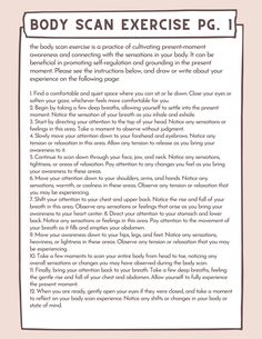 The body scan exercise can be used to cultivate present-moment awareness and connect with the sensations in the body. It can be beneficial for self-regulation, and grounding in the present moment. This worksheet offers step-by-step instructions for how to do so, and offers an exercise to reflect on the practice once complete. Interoception Body Check, Polyvagal Theory, Counselling Tools, Body Scan, Counseling Resources, Activities For Adults, Body Scanning, Therapy Worksheets