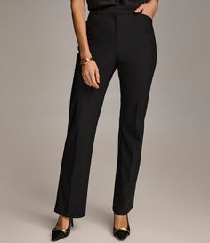 From Donna Karen&#x2C; these pants feature: Slim legPleated front Mid riseSlant front pocketsWelt back functional pocketsFront button/zip closure Approx. 28" inseamNylon/spandex Machine wash Imported. Fitted Mid-rise Pants With Button Zip Fly, Fitted Bottoms With Button Zip Fly And Tapered Leg, Classic Mid-rise Pants, Classic Mid-rise Pants With Button Zip Fly, Black Bottoms With Button Zip Fly For Work, Black Button Zip Fly Bottoms For Work, Black Workwear Bottoms With Button Zip Fly, Black Pants With Button Zip Fly For Work, Formal Mid-rise Bottoms With Belt Loops