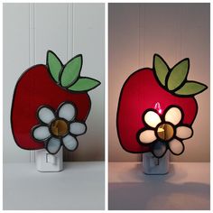 two different views of a lamp with an apple and flower on it