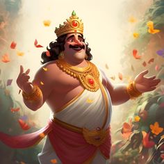 an animated image of a man dressed as the hindu god, surrounded by falling leaves