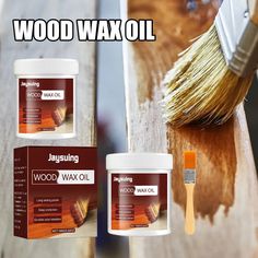 wood wax oil is being used to paint the top of a wooden table with an orange brush