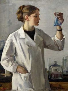 a painting of a woman in white lab coat holding a flask