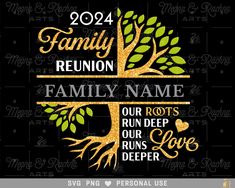 a family reunion poster with the names and roots on it, in gold glitters