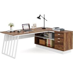 an office desk with a laptop and bookshelf on it, in front of a white background