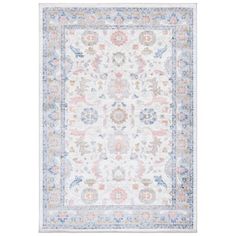 a white rug with blue, pink and orange accents on the bottom half of it