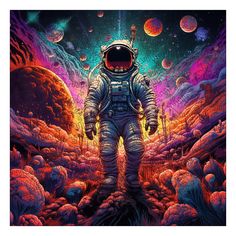 an astronaut standing in the middle of a space filled with planets and other colorful objects