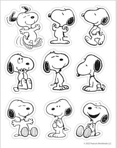 the peanuts sticker sheet is shown in black and white, with various cartoon characters