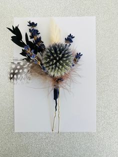 a piece of paper with feathers and flowers on it