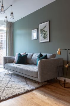 a living room scene with focus on the couch and pillows in front of the window