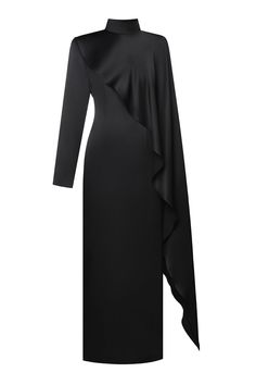 Satin long sleeve maxi dress. Asymmetrical long scarf. High neck. Zipper fastening. Color: black. Shell: 86% Rayon,14% Polyester Made in Georgia Model is wearing size S. Model measurements: 176 cm height, 82/59/89 cm. Luxury Viscose Maxi Dress For Work, Luxury Long Sleeve Georgette Maxi Dress, Luxury Long Sleeve Maxi Dress With Belted Cuffs, Luxury Draped Sleeves Maxi Dress For Gala, Luxury Wide Leg Evening Maxi Dress, Luxury Stretch Elegant Maxi Dress, Luxury Chic Maxi Dress With Folds, Luxury Maxi Dress With Fitted Waist, Luxury Long Sleeve Chic Dress Floor-length