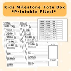 Want to keep track of your kids' papers and schoolwork each year? This is an instant download, printable PDF of annual questionnaires and filing tabs to use for your filing system. Track your kids' milestones or start a memory box today! fill it with artwork, report cards, medical records, birthday cards, etc. The annual sheets can be attached to the front of the folders or stuck inside each year's folder. Your organized life starts today ;) Please note, this is purely a digital item - there are Kids Keepsake Storage, Kids School Memory Box Ideas, School Memory Boxes, Kids Keepsake Storage Printable, Kids School Memory Storage, Child Memory Box Ideas, Kids Milestones, School Boxes, Diy Tote