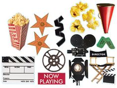 an assortment of movie related items including popcorn, clapsticks and moviestripe