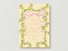 a yellow and pink wedding card with a bow on the front that says ciao baebria