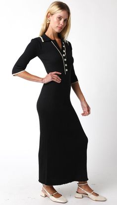 Our Cindy Midi Dress features a half way button and a fitted fit Knit 95%POLYESTER 5%NYLON Black Dress Formal, Formal Dress Shops, White Maxi, Outerwear Vest, Athleisure Wear, Knit Midi, Knit Midi Dress, Sweater Sale, White Maxi Dresses