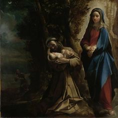 a painting of the virgin mary and child jesus in a wooded area with other figures