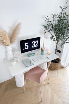 A beautiful, minimal, contemporary and clean workspace featuring a DIY fluted desk of dreams, white porcelain ceramic decor, vase, shell, candle and Martha Brook Stationery including pastel mint desk accessories and a Make it happen life planner. Lastly a stunning pink office chair. Minimalist Desk Decor, Dear Media, Minimal Desk, Garage Renovation, Study Desk Decor, Home Office Inspiration, Minimalist Desk, Desk Inspiration, Desk Areas