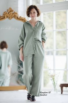 "A delightful linen suit in pajama free style will not leave you indifferent. Comfortable, loose, but at the same time very elegant. Presented in 30 colors. You can wear it as a suit, or you can wear it as stylish home clothes. Perfect for any occasion. - - - - - - - - - - - - - - - - - - - - - - - - - - - - - Important * Kindly note in reality, the color may be brighter or darker, depending on the resolution and technical capabilities of your computer * Please select the color you like in the d Outfit Pantalon, Black Tuxedo Suit, Pants And Shirt, Outfit Pants, Woman Suit, Linen Pajamas, Lit Outfits, Linen Lights, Classic Suit