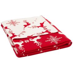 a red and white blanket with snowflakes on it