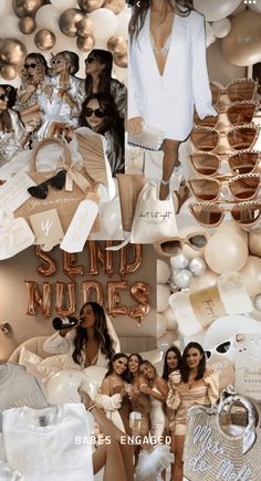 a collage of photos with gold and white balloons, dresses, jewelry, and other items