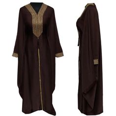 Brown Batwing Abaya Farasha Jalabiya Arab Dress, comes in original plastic wrap with Hijab included. Beautiful material with a premium feel. Exclusive new design Abaya.      Latest new design!  Comes with scarf  It comes with 2 belt inside that allow you to adjust the size   Colour: brown  material : Nida  Suitable for easy iron.   Do not tumble dry.  Dry clean  The scarf is free and it may be little different in colour and design   Abayas are known by many name such as modest Islamic clothing, jilbab, jalabiya Arab rob, long dress, Muslim clothing, Kimonos, Hijab. However, they serve the same purpose: to cover. Other models are usually kaftans, cut from light, flowing fabrics like crepe, georgette, nida, and chiffon. Other known styles are open ,closed front, Batwing. Styles differ from r Eid Brown Dabka Kaftan, Eid Dabka Embroidered Maxi Length Thobe, Long Dabka Kaftan For Eid, Eid Dabka Thobe Maxi Length, Brown Long Thobe For Eid, Traditional Brown Abaya For Eid, Festive Long Brown Kaftan, Batwing Abaya, Habits Musulmans