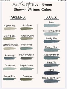 the color chart for my favorite blue and green paint colors, which are available in different shades