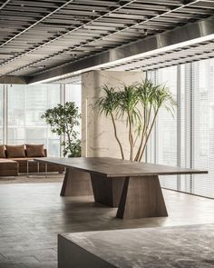 an empty room with a large table and couches in the corner, next to a plant