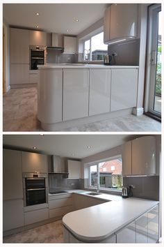 two pictures of a kitchen with white cabinets and stainless steel appliances in it's center island