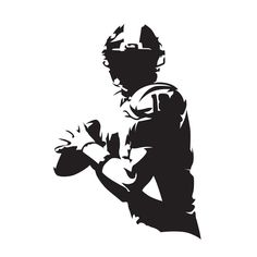 a black and white silhouette of a football player with the ball in his hands, on a white background